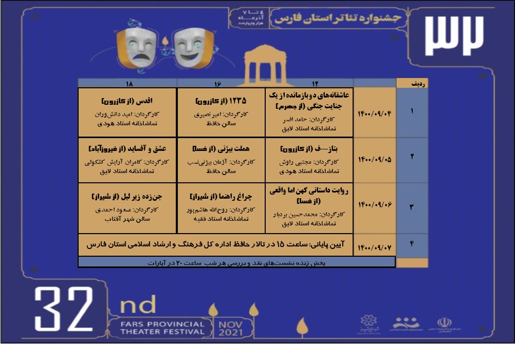 جدول اجرای نمایش های سی و دومین جشنواره تئاتر استانی فارس